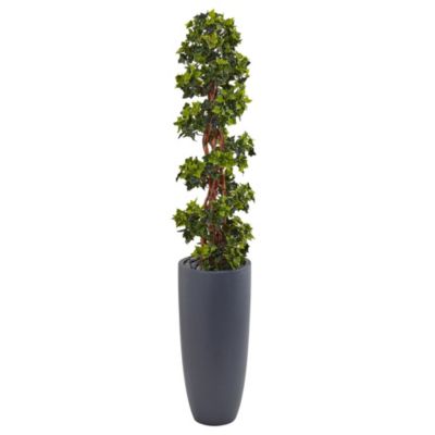 Nearly Natural 5-Foot English Ivy Spiral Topiary Artificial Tree in Gray Cylinder Planter UV Resistant (Indoor/Outdoor), Green