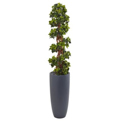 5-Foot English Ivy Spiral Topiary Artificial Tree in Gray Cylinder Planter UV Resistant (Indoor/Outdoor)