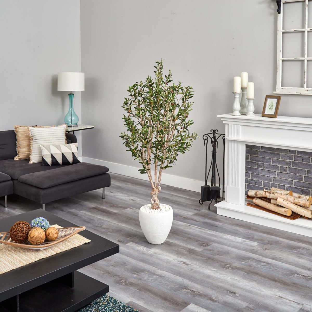 5-Foot Olive Artificial Tree in White Oval Planter