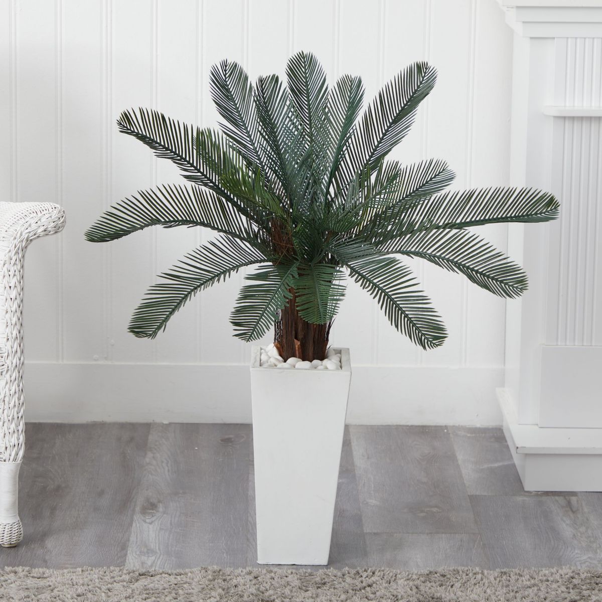 40-Inch Cycas Artificial Tree in White Tower Planter UV Resistant (Indoor/Outdoor)