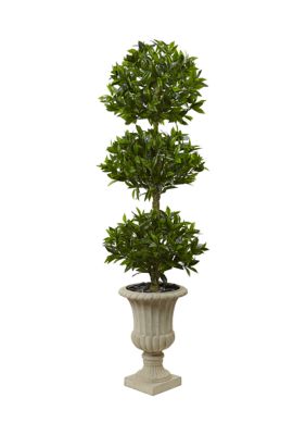 Nearly Natural Triple Bay Leaf Topiary Tree in Urn Indoor/Outdoor, Green