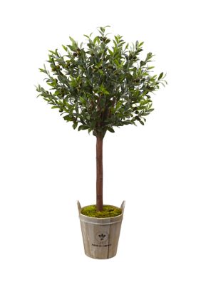 Nearly Natural Olive Topiary Tree with European Barrel Planter, Green
