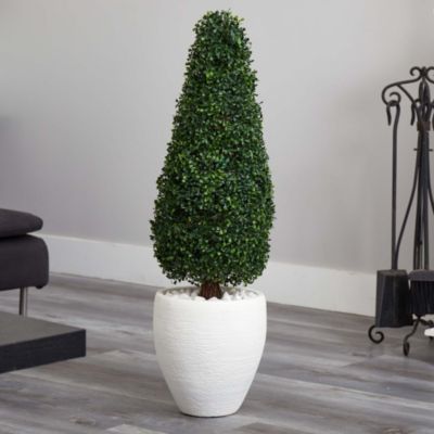 41-Inch Boxwood Topiary with Textured White Planter UV Resistant (Indoor/Outdoor)