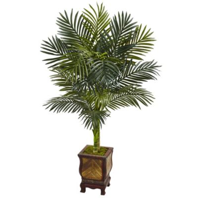 4.5-Foot Golden Cane Palm Artificial Tree in Wooden Decorated Planter