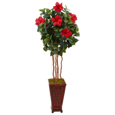 5-Foot Hibiscus Artificial Tree in Decorated Wooden Planter