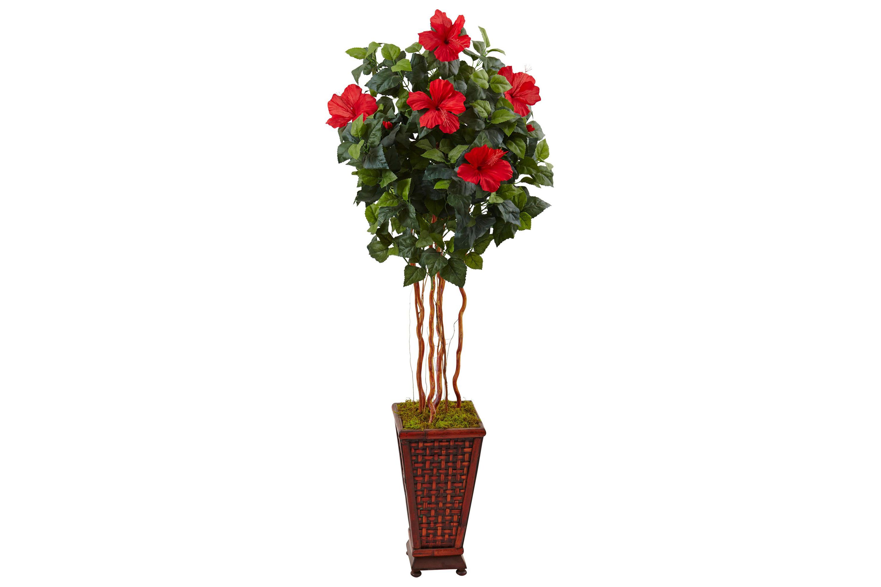 5-Foot Hibiscus Artificial Tree in Decorated Wooden Planter