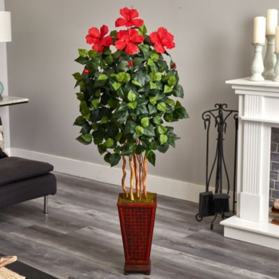 5-Foot Hibiscus Artificial Tree in Decorated Wooden Planter