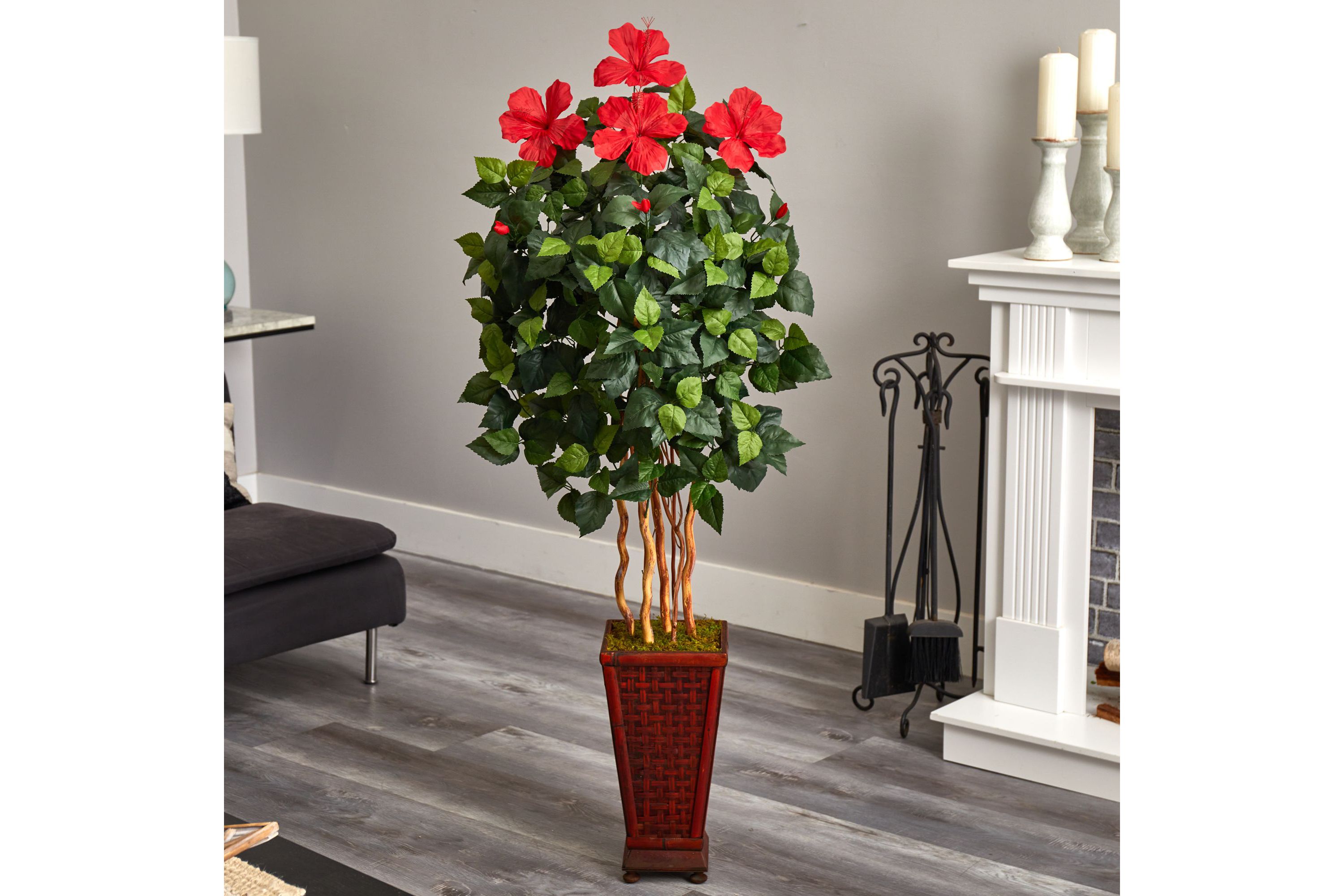 5-Foot Hibiscus Artificial Tree in Decorated Wooden Planter