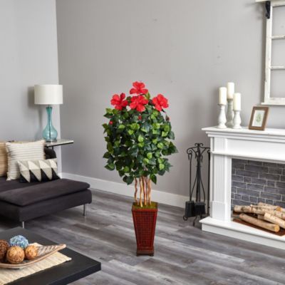 5-Foot Hibiscus Artificial Tree in Decorated Wooden Planter