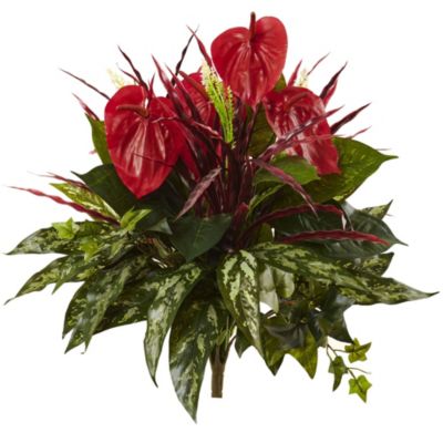 Nearly Natural 24-Inch Mixed Anthurium Bush (Set of 2), Red