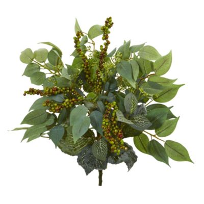 Nearly Natural 14-Inch Mixed Ficus, Fittonia and Berries Bush Artificial Plant (Set of 6), Green