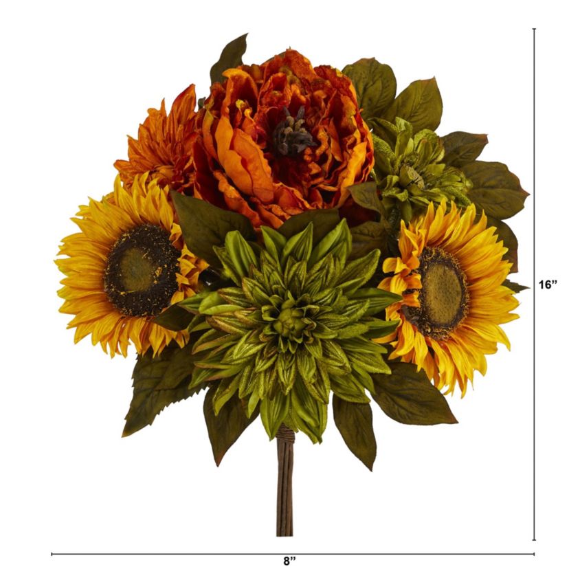 16-Inch Peony, Dahlia and Sunflower Artificial Flower Bouquet (Set of 2)