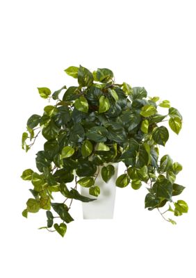 Nearly Natural Pothos Artificial Plant in White Tower Vase, Green
