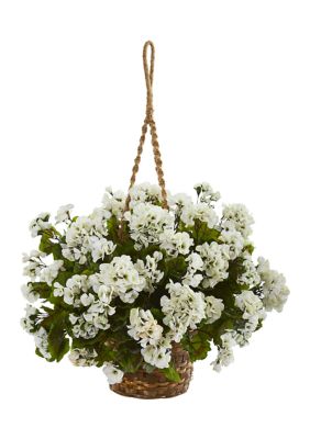 Nearly Natural Geranium Hanging Basket Plant Indoor/Outdoor