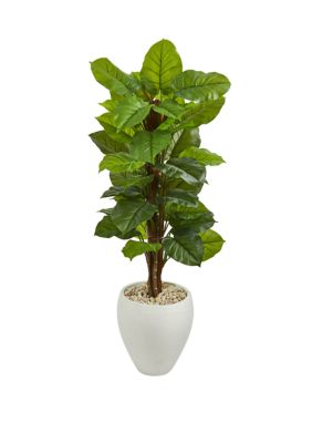 Nearly Natural 5 Inch Large Leaf Philodendron Artificial Plant in White Oval Planter (Real Touch), Green