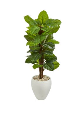 5 Inch Large Leaf Philodendron Artificial Plant in White Oval Planter (Real Touch)