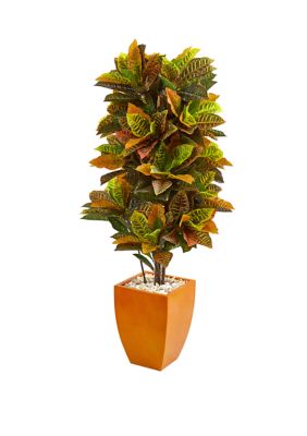 Nearly Natural 5.5 Inch Croton Artificial Plant in Orange Planter (Real Touch), Green