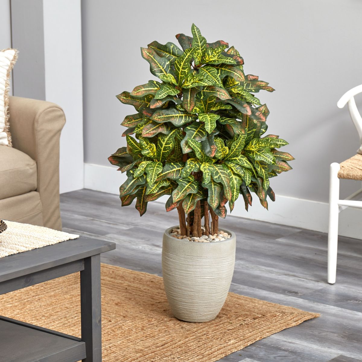 3.5-Foot Croton Artificial Plant in Sand Colored Planter