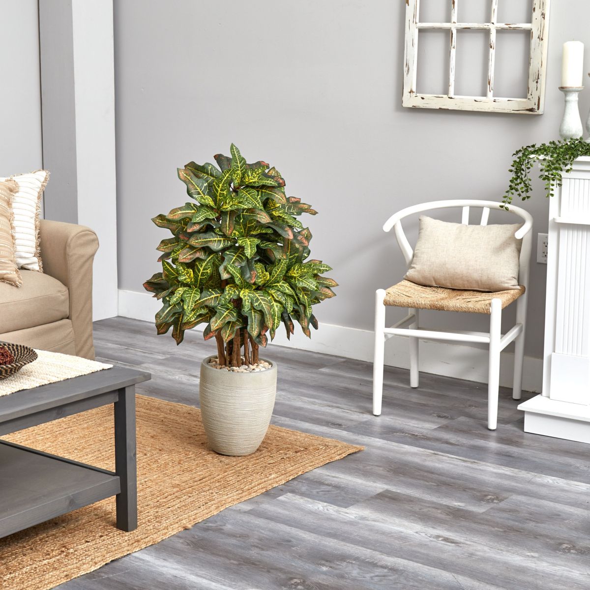 3.5-Foot Croton Artificial Plant in Sand Colored Planter