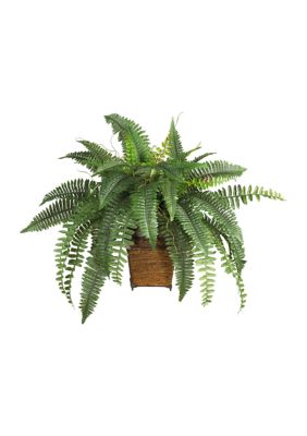 Nearly Natural Boston Fern Silk Plant with Wicker Basket, Green