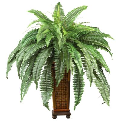 Nearly Natural Boston Fern with Wood Vase Silk Plant, Green
