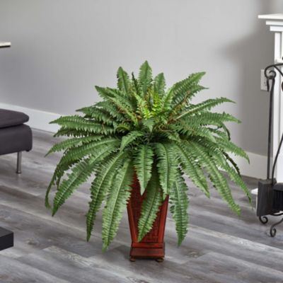 Boston Fern with Wood Vase Silk Plant