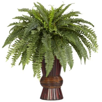 Nearly Natural Boston Fern with Bamboo Vase Silk Plant, Green