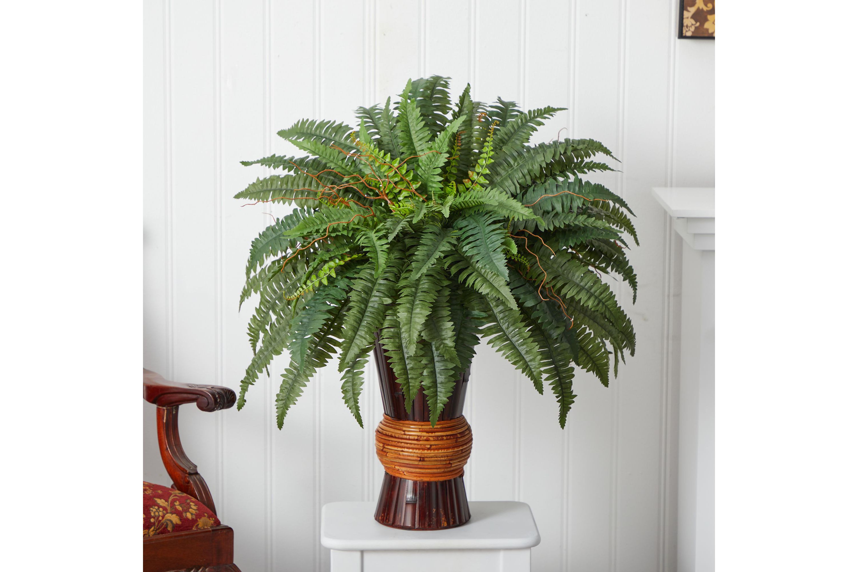 Boston Fern with Bamboo Vase Silk Plant