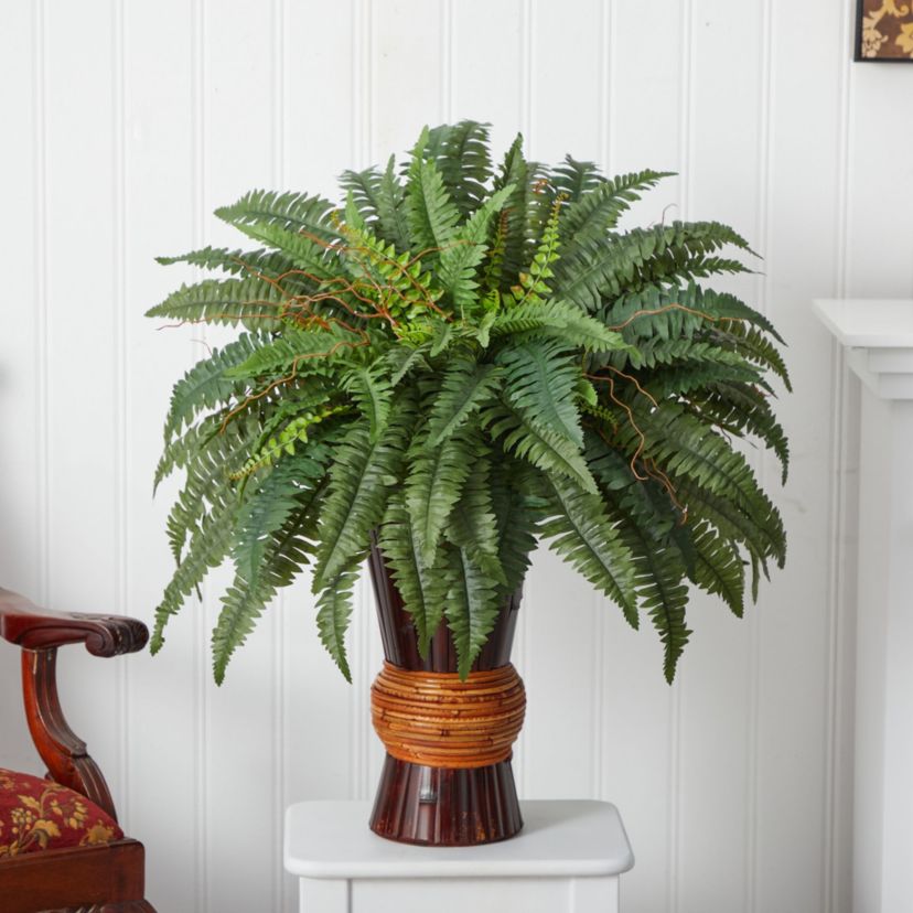 Boston Fern with Bamboo Vase Silk Plant