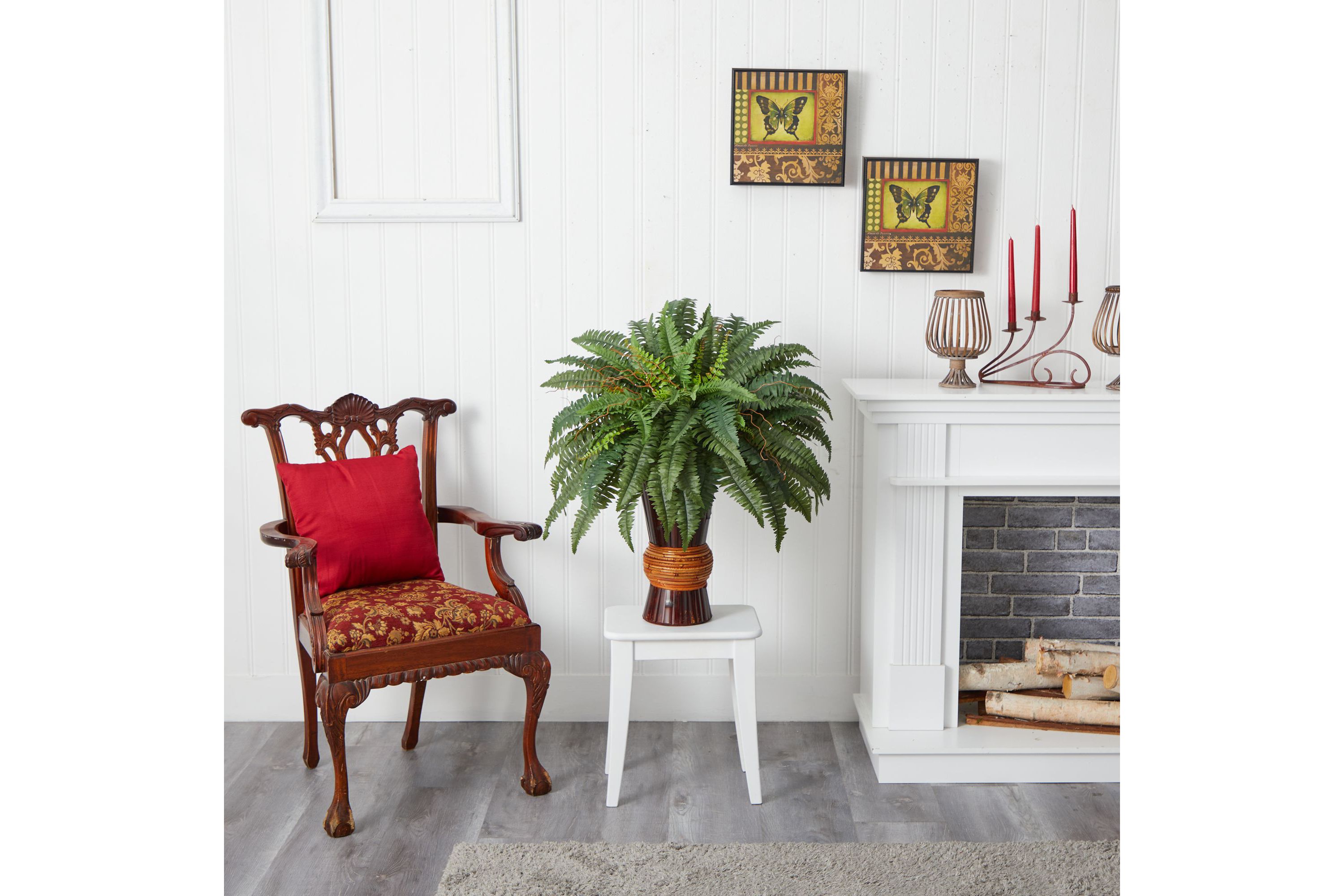 Boston Fern with Bamboo Vase Silk Plant