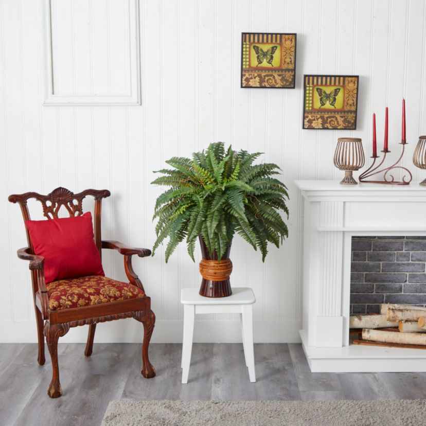Boston Fern with Bamboo Vase Silk Plant