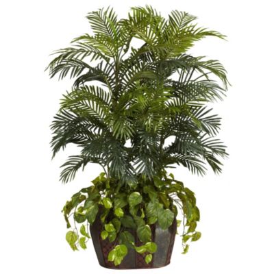 Nearly Natural 4.5" Double Areca with Vase and Pothos Silk Plant, Green