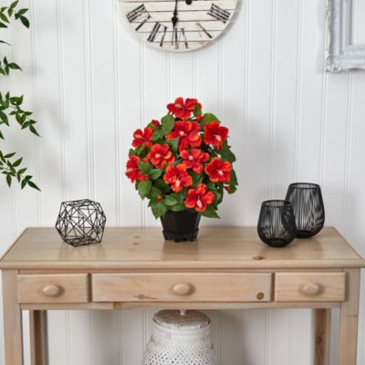 Hibiscus with Black Hexagon Vase Silk Plant