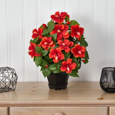 Hibiscus with Black Hexagon Vase Silk Plant