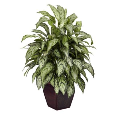 Nearly Natural Silver Queen with Decorative Planter Silk Plant, Green