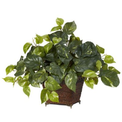 Nearly Natural Pothos with Coiled Rope Planter Silk Plant, Green