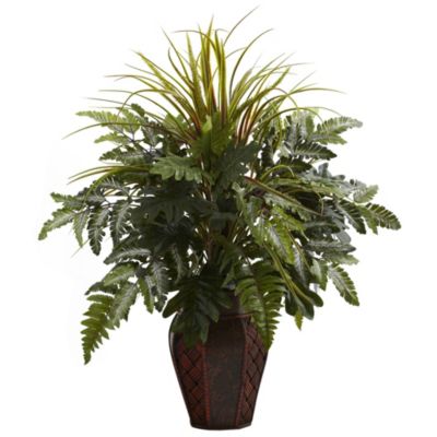 Nearly Natural Mixed Grass and Fern with Decorative Planter, Green