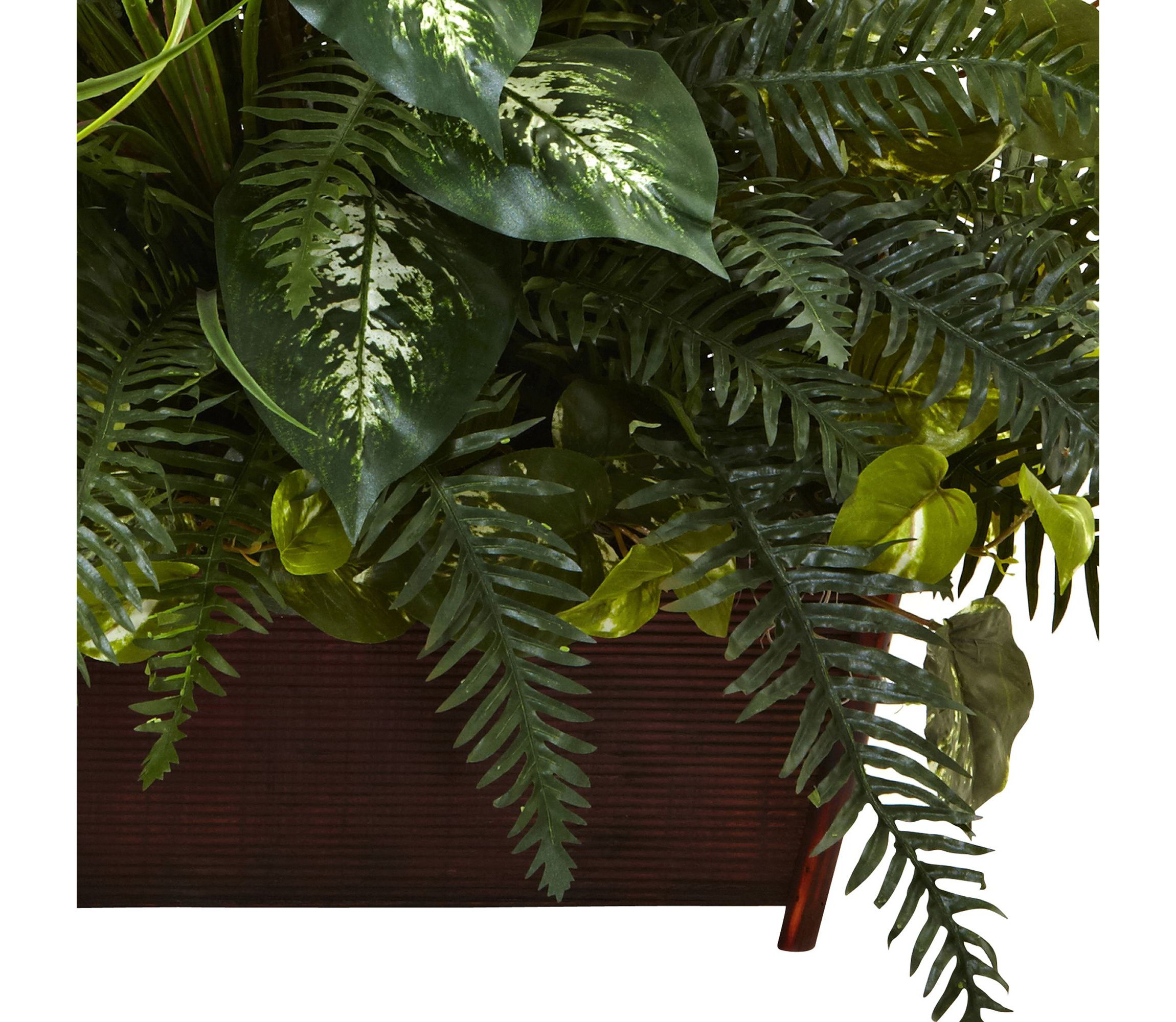 Mixed Grass and River Fern with Wood Planter