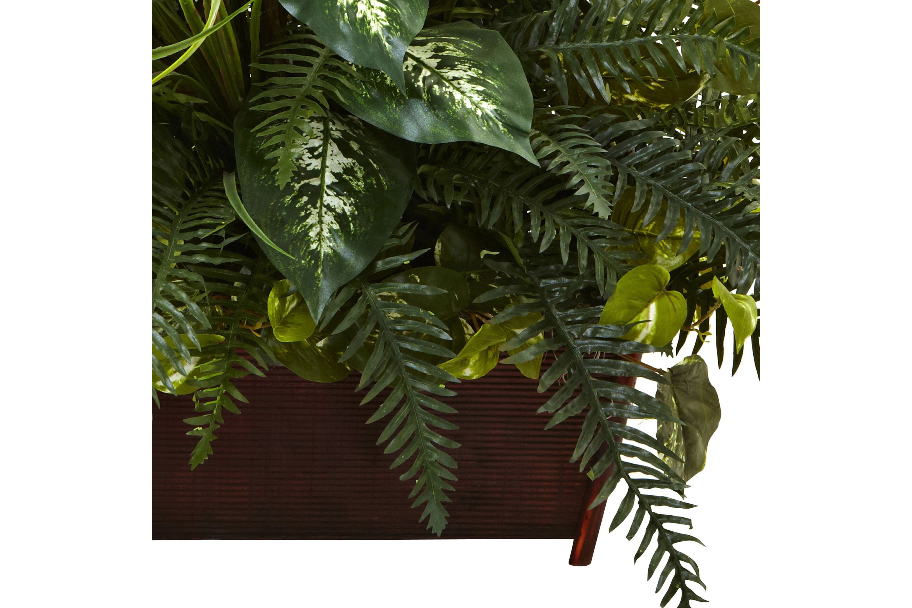 Mixed Grass and River Fern with Wood Planter