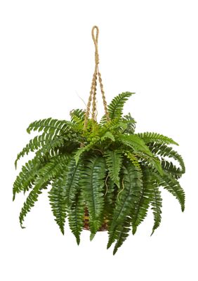 Nearly Natural Boston Fern Hanging Basket, Green