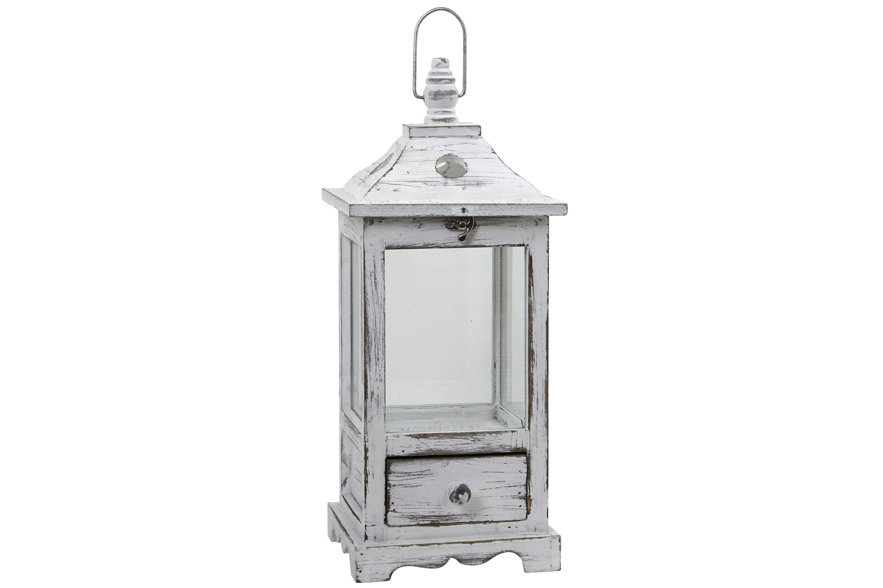 Distressed Wooden Lantern with Drawer