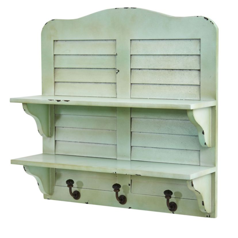 20-Inch Vintage Window Shutter Shelving with Hooks Wall Decor