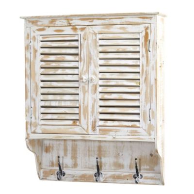 32-Inch White Washed Wall Cabinet with Hooks