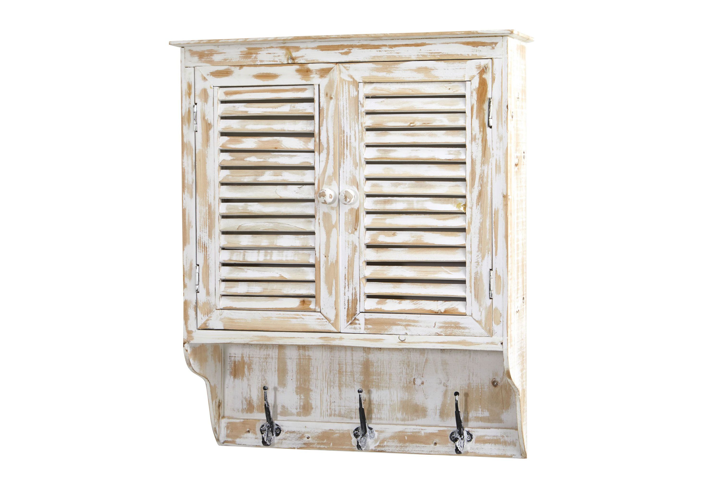 32-Inch White Washed Wall Cabinet with Hooks