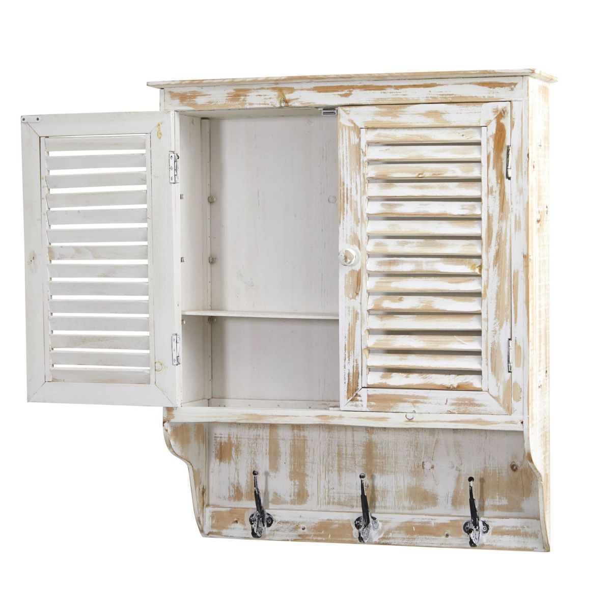 32-Inch White Washed Wall Cabinet with Hooks