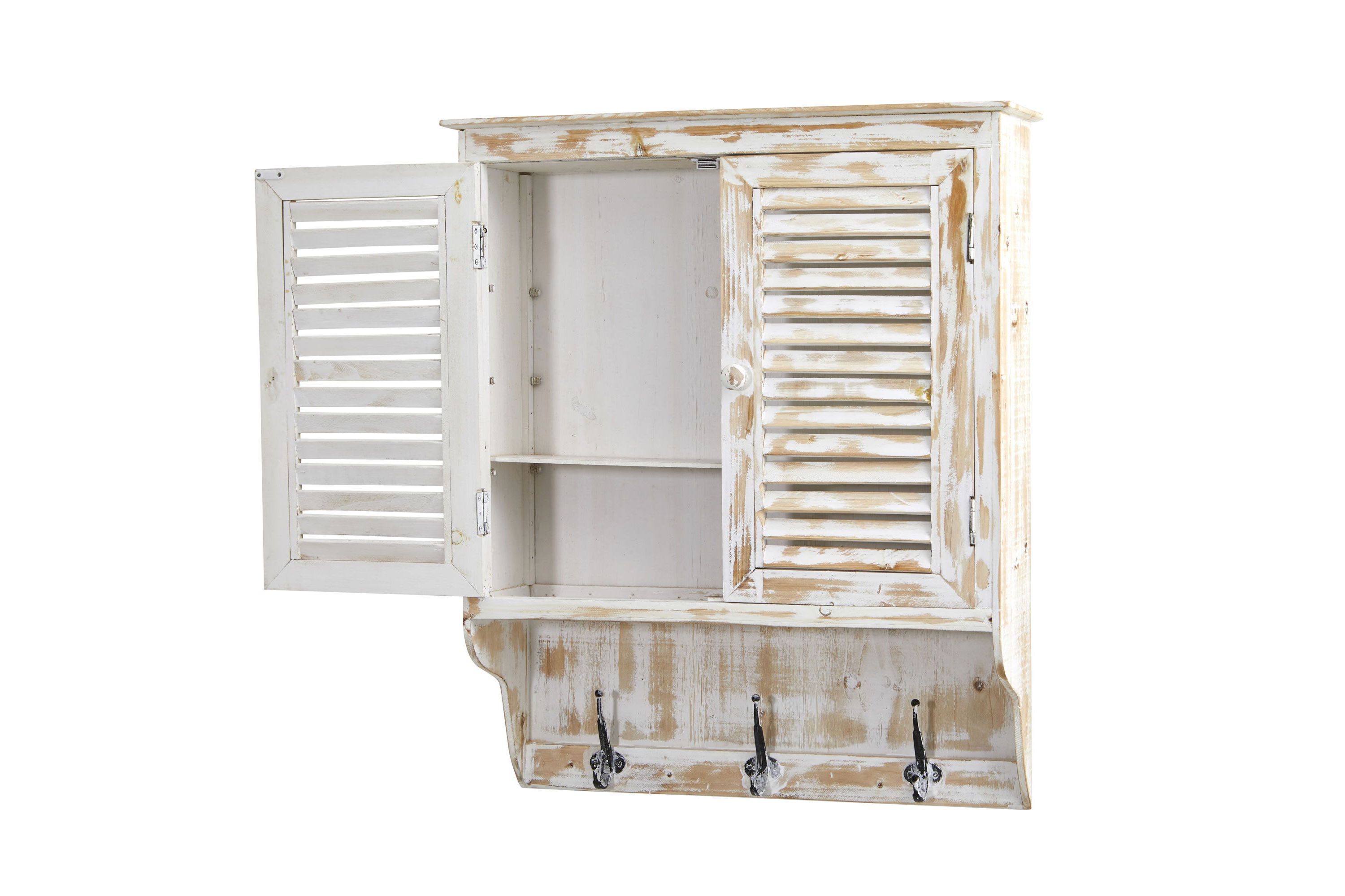 32-Inch White Washed Wall Cabinet with Hooks