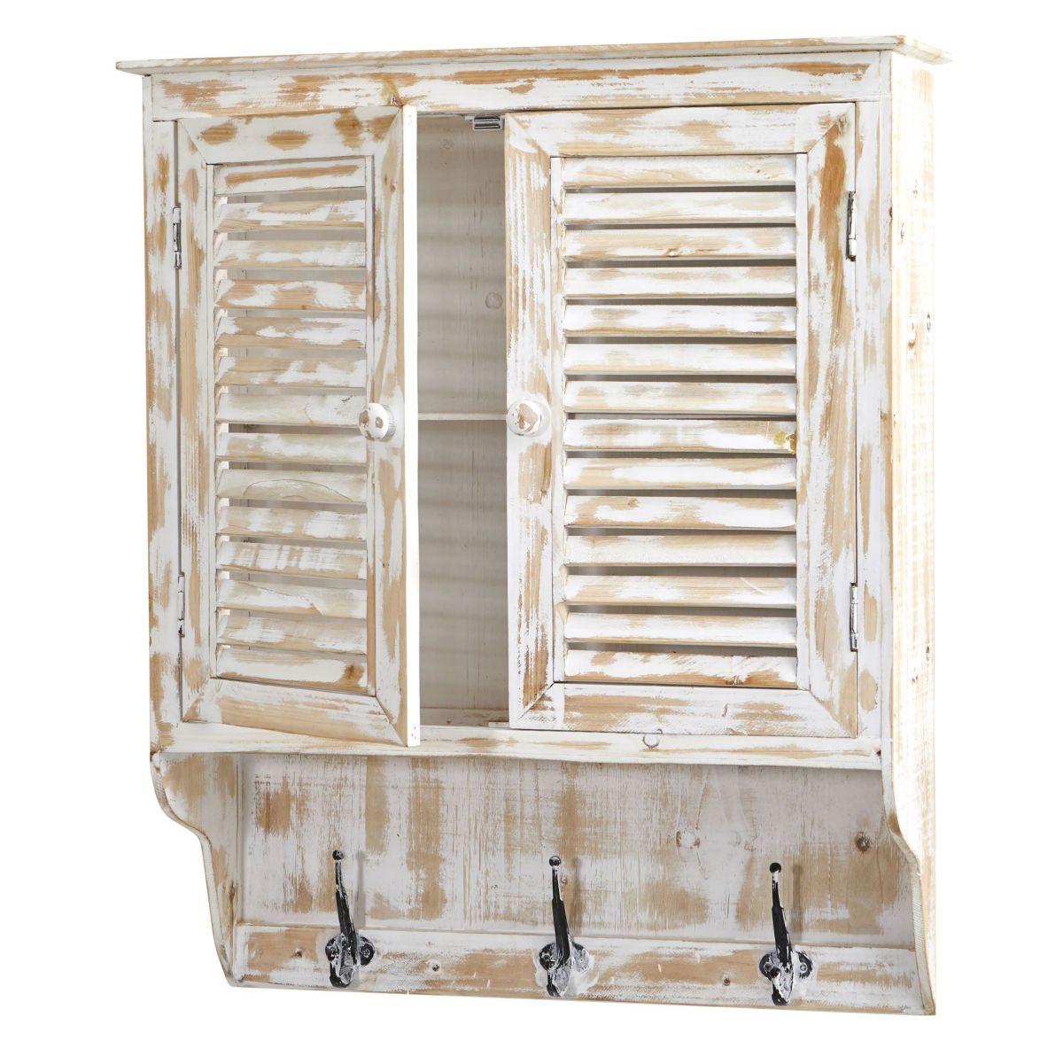 32-Inch White Washed Wall Cabinet with Hooks