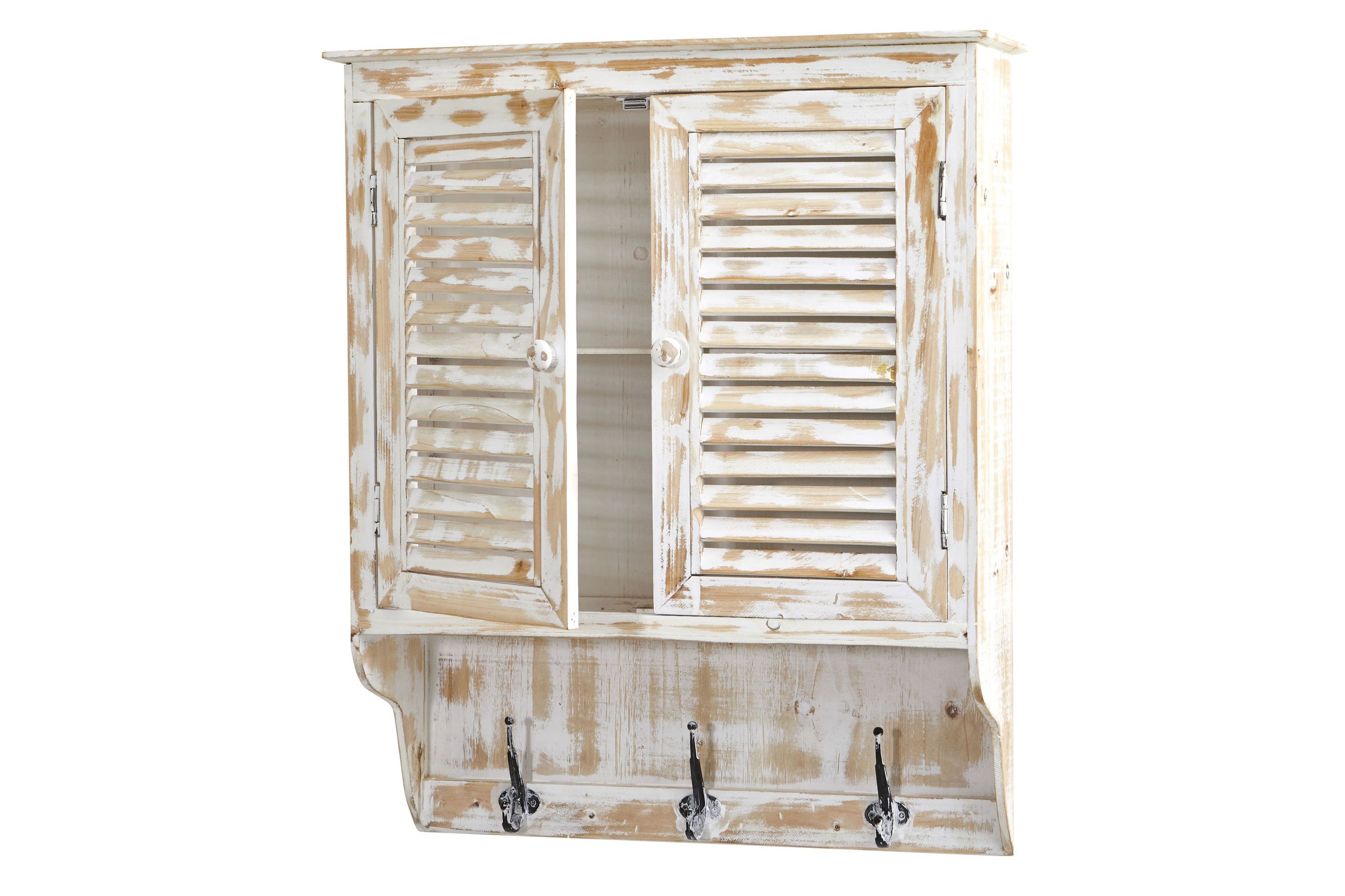 32-Inch White Washed Wall Cabinet with Hooks