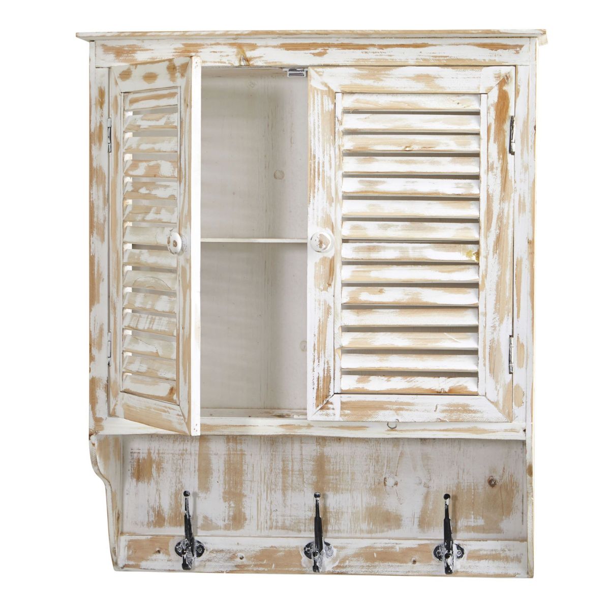 32-Inch White Washed Wall Cabinet with Hooks