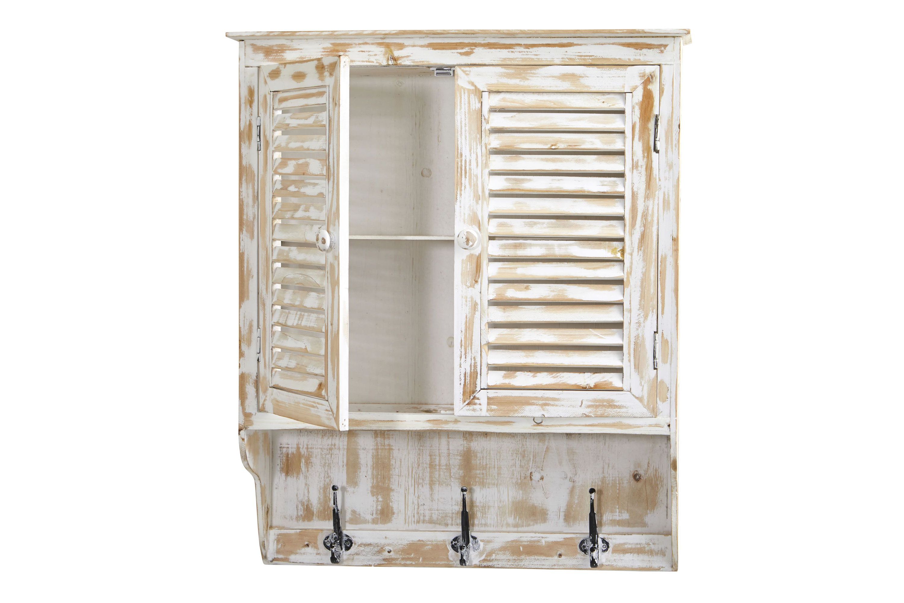 32-Inch White Washed Wall Cabinet with Hooks